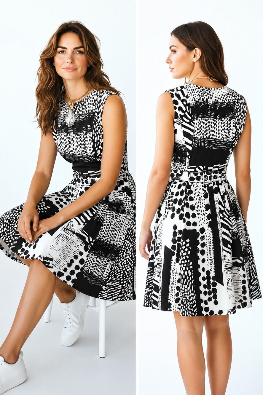 WORTH Black White Abstract Print Fit & Flare Dress Belted Size 2 Pockets Career